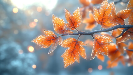 Close-Up of Dew-Kissed Orange Leaves on a Branch in a Misty Forest
