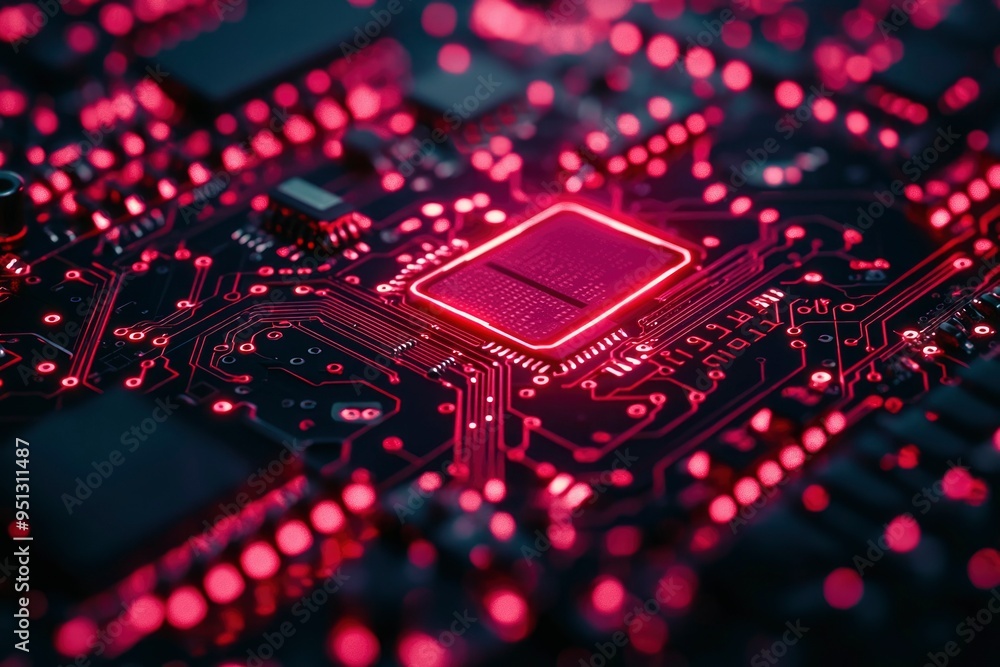 Poster close-up of a red illuminated circuit board with a central processor