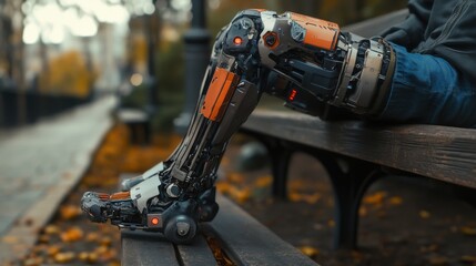 A person with a robotic leg is sitting on a bench