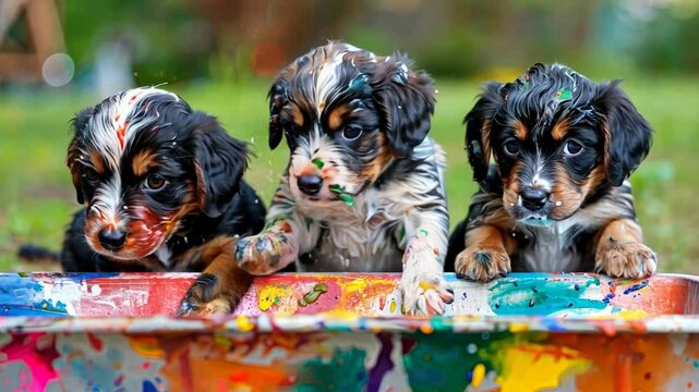 Colorful Canine Chaos: Three adorable puppies, covered in vibrant paint splatters, peer out mischievously from a paint-splattered tub, capturing the playful essence of puppyhood. 