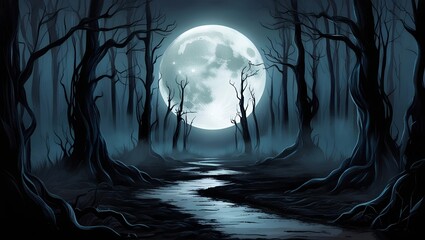 Moonlit Path Shrouded in Fog with a Haunting Halloween Atmosphere