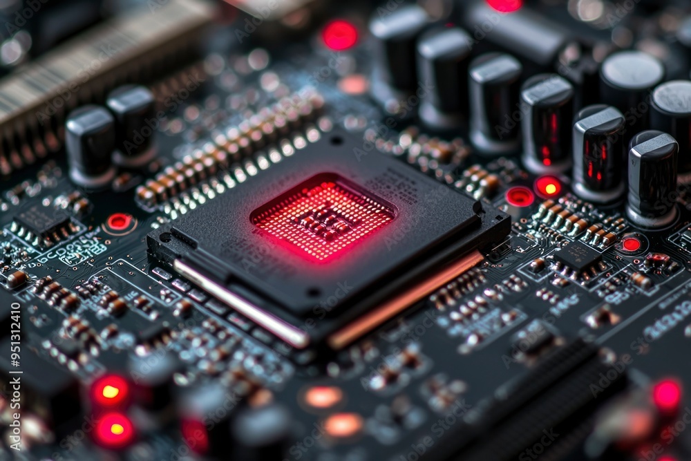 Poster close-up of a red-lit processor on a circuit board