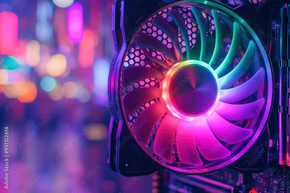 Poster close-up of a colorful computer cooling fan with a blurred background