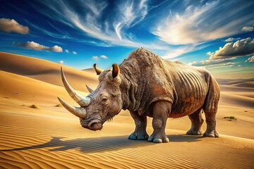 Fototapeta premium A vintage postcard featuring a dusty woolly rhinoceros trudging through a sun-scorched desert landscape, surrounded by towering sand dunes beneath a brilliant blue sky.