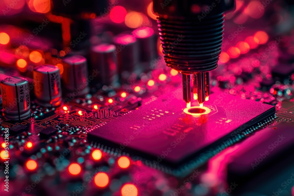 Poster close-up of a microchip being soldered on a circuit board