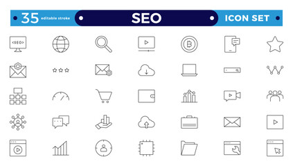 SEO Outline icon set. Search Engine Optimization icon collection. Containing business and marketing, traffic, ranking, optimization, links, and keywords. Editable stroke outline icon. 