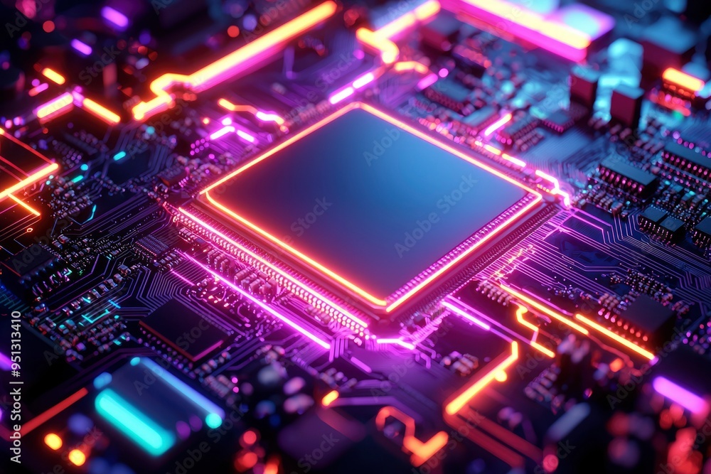 Poster neon illuminated circuit board with processor