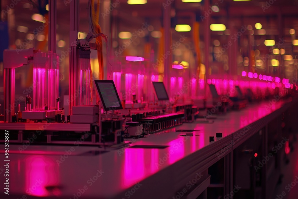 Poster automated manufacturing line with pink lighting and a computer screen