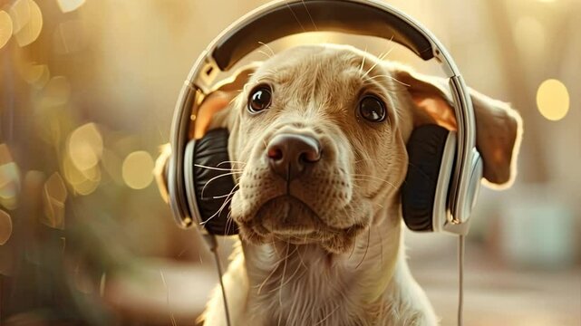 Puppy Beats: A cute puppy dog wearing headphones enjoys a musical moment, bathed in warm, golden light. The image evokes a sense of joy and playful energy, perfect for capturing the essence of happy p
