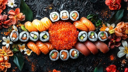Gastronomic Mosaic: Hyper Realistic Digital Painting of Intricate Sushi Arrangement from Top Down View