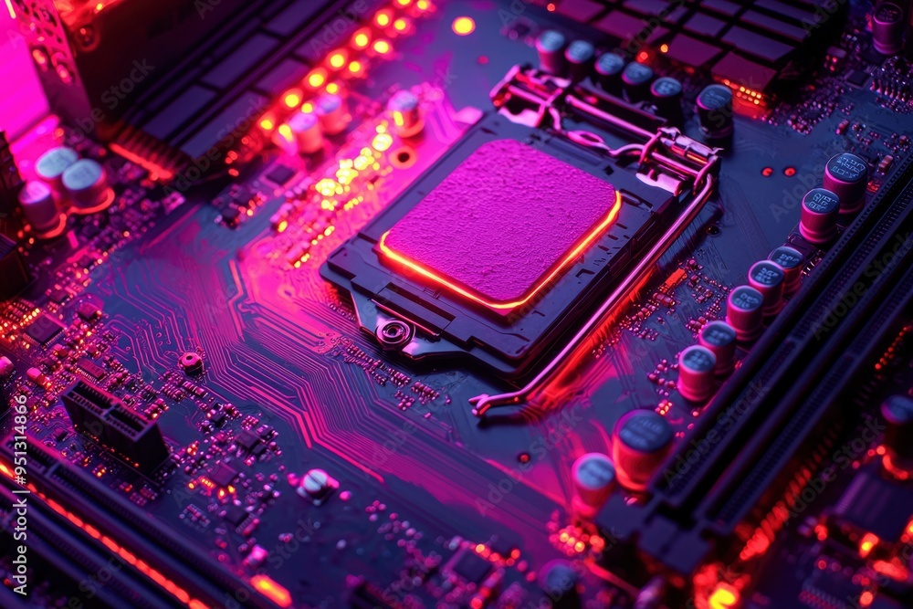 Poster close-up of a computer motherboard with a pink cpu cooler