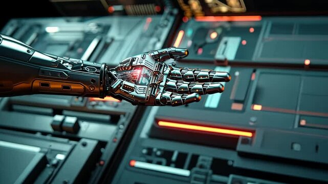 Cybernetic Hand Reaching Out: A chrome robotic hand with a glowing red light extends forward, evoking a sense of futuristic technology, innovation, and interaction. The intricate details of the machin