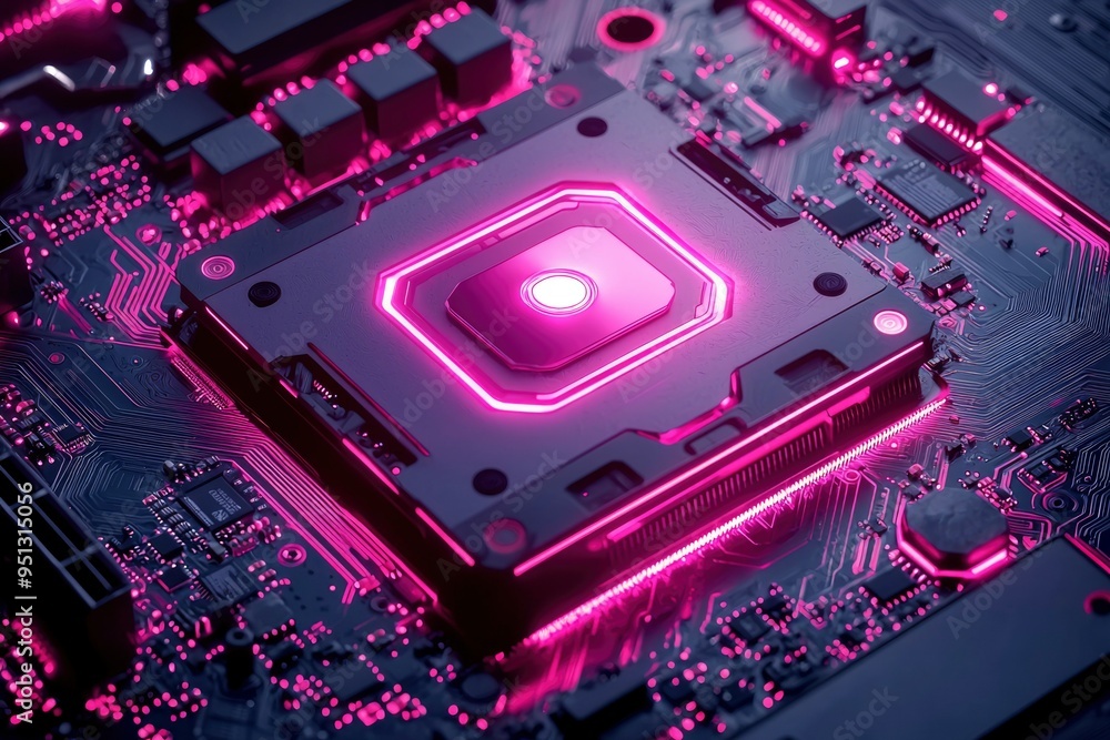 Poster illuminated processor socket on a futuristic motherboard