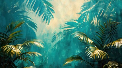 Abstract Tropical Palm Leaf Painting on Turquoise Background