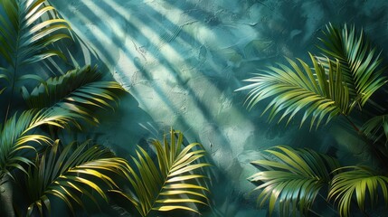 Fototapeta premium Lush Green Palm Leaves Against a Teal Textured Background
