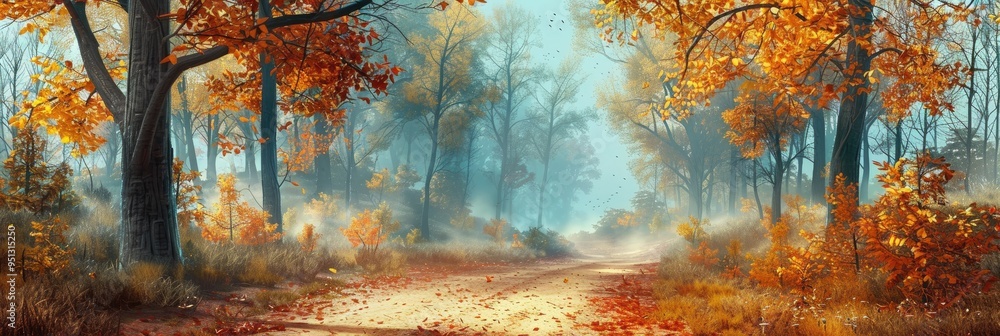 Sticker misty pathway winding through a captivating forest in autumn.