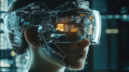 A woman wearing a virtual reality headset with a futuristic design