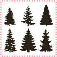 Black tree silhouettes in various shapes, suitable for creating outdoor adventure graphics.