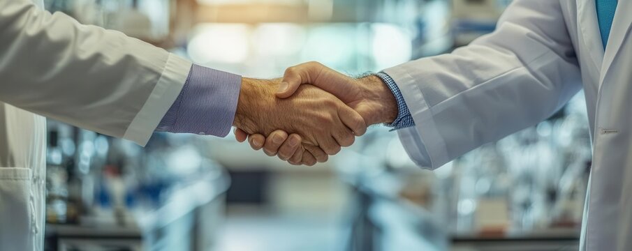 An investor shaking hands with a scientist in a lab, sealing a deal on new bioenergy technology