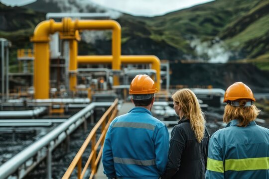 Investors visiting a geothermal power plant, with a detailed presentation on energy yields and returns