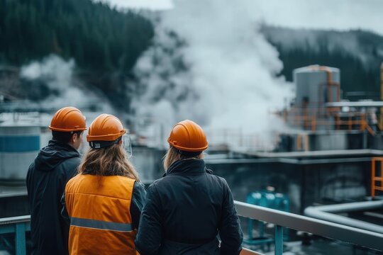 Investors visiting a geothermal power plant, with a detailed presentation on energy yields and returns