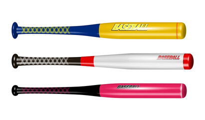 An illustration of three baseball bats, each designed with vibrant colors and unique patterns. The top bat is yellow with a blue handle, the middle one is white with a red tip and black handle