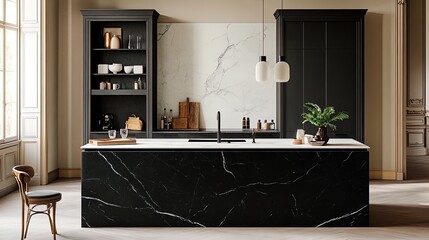 Elegant Kitchen Poster: Sophisticated Interior with Black Marble Island, Dark Cabinets, and White Marble Backdrop - Ideal for Modern Home Decor and Culinary Spaces