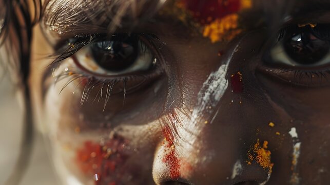Closeup of Aghori child's face tears mixing ceremonial paint their cheeks child's expression mixture of fear and determination capturing the harsh realities of their upbringing and spiritual training