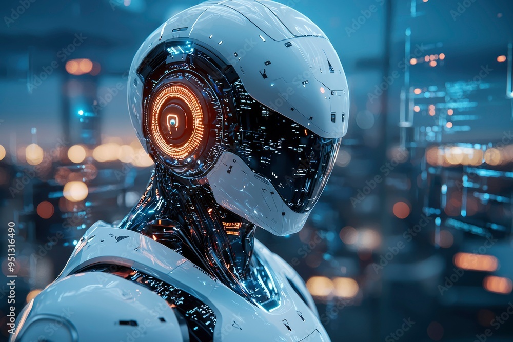 Poster futuristic robot with glowing head and digital interface