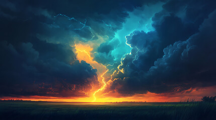 A thunderstorm over a vast prairie with lightning illuminating the dark clouds.