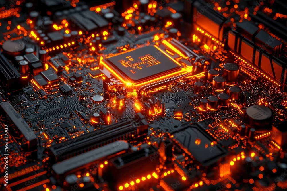 Poster close-up of a glowing illuminated computer motherboard with a central processor