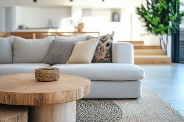 Cozy Elegance: Scandinavian Style Living Room with Light Wood Details and Earthy Rug - Side Angle Shot of Stylish Interior Design