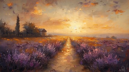 A Rustic Cabin Amidst Lavender Fields at Sunset
