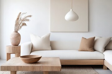 Tranquil Scandinavian Living Room with Earthy Decor and Light Wood Details, Side View