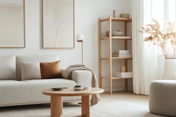 Serene Scandinavian Living Room with Earthy Decor and Light Wood Accents, Cozy Neutral Palette Side Shot