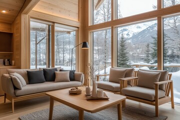Cozy Scandinavian Living Room with Modern Wood Furniture and Earthy Tones, Illuminated by Soft Natural Light from Large Windows - Wide-Angle Shot Creating a Welcoming Atmosphere