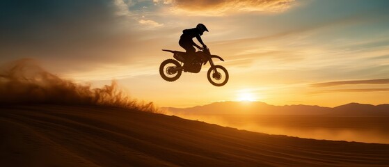 Silhouette of a Motorcyclist Jumping Over a Sand Dune at Sunset with Dramatic Sky