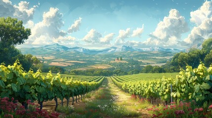 Naklejka premium A Path Through a Vineyard Leading to Mountains and a Distant Village