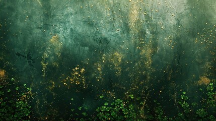 Green Foliage and Gold Glitter on a Dark Green Background