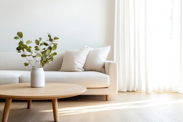 Contemporary Scandinavian Living Room with Oak Coffee Table and Earthy Tones, Top-Down View