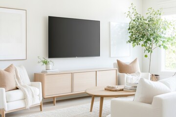 Tranquil Scandinavian Living Room with Earth-Toned Accents and Light Wood Details
