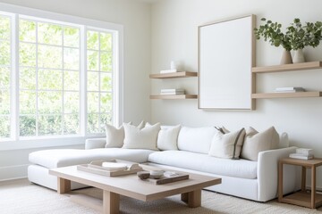 Contemporary Scandinavian Living Room with Oak Shelves and Cozy Earthy Textures in Muted Tones, Wide-Angle Shot