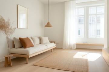 Serene Scandinavian Living Room with Light Wood Details and Earth-Toned Cushions, Side View of Spacious Interior