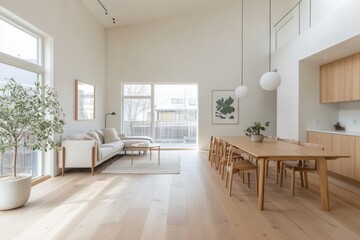 Serene Scandinavian Living Room with Exposed Wood and Lush Greenery, Side View of Natural and Spacious Interior in Muted Earth Tones