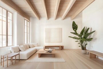 Fototapeta premium Serene Scandinavian Living Room with Exposed Wood and Large Plants, Side Shot of Natural and Spacious Interior Design