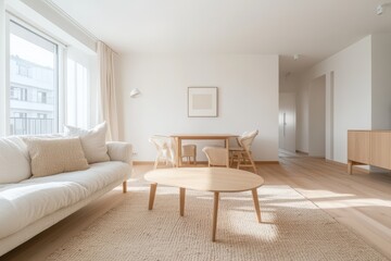 Bright Scandinavian Living Room with Light Wood Furniture in Earthy Tones - Cozy Minimalist Home Interior Design Concept