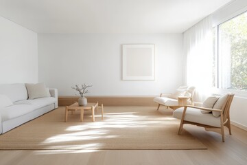Serene Scandinavian Living Room with Light Wood Furniture in Earthy Tones - Cozy Minimalist Interior Design Concept in Wide-Angle Shot