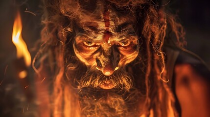 Closeup of Aghori man's intense expression performs sacred ritual his face illuminated flickering light of fire His wild hair piercing eyes convey a sense of deep spiritual connection and raw power