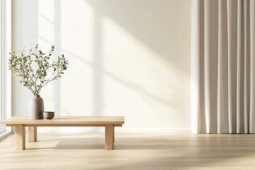 Elegant Scandinavian Living Room with Oak Coffee Table and Linen Curtains in Neutral Tones, Side Angle View