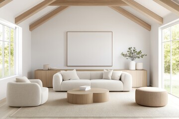 Scandinavian-inspired living room, oak beams, muted tones, earthy rugs, front-facing shot, warm and modern.